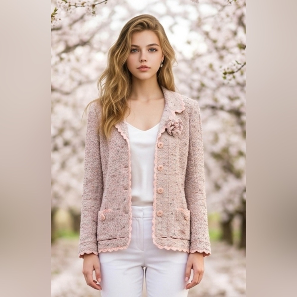 Women's Pink Tweed Scalloped-Edge Blazer Jacket